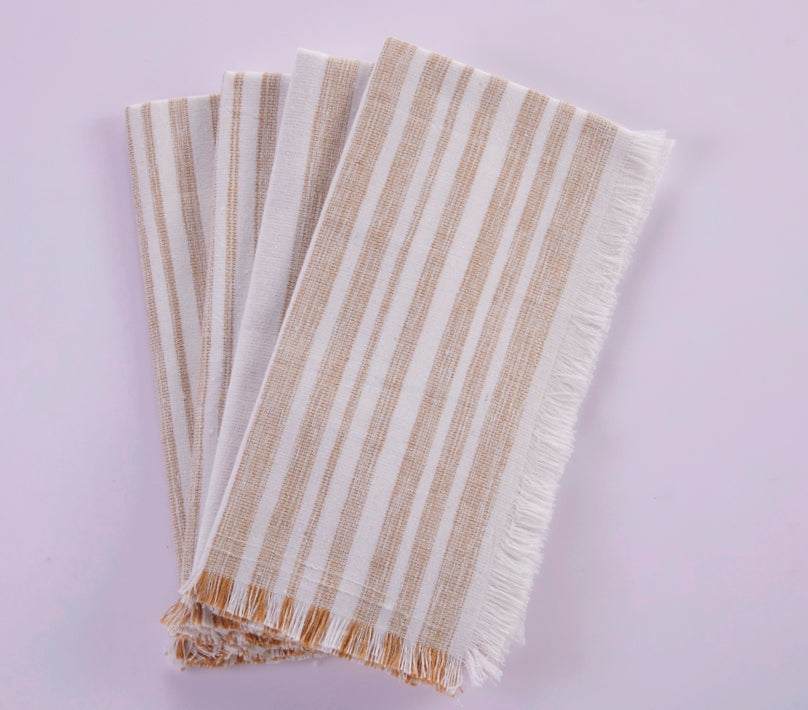 Stripe Fringe Napkins - Set of 4 - 100% Cotton - Tan